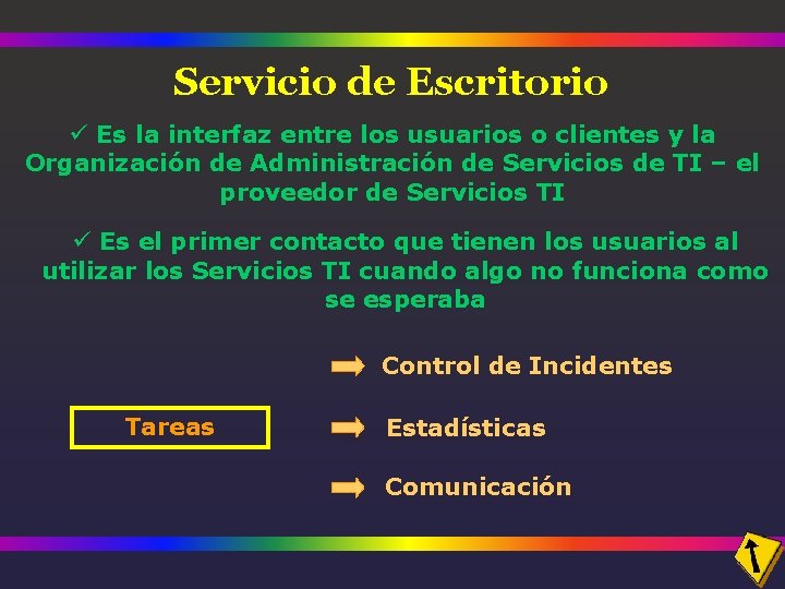Servicio de Escritorio ü Es la interfaz entre los usuarios o clientes y la