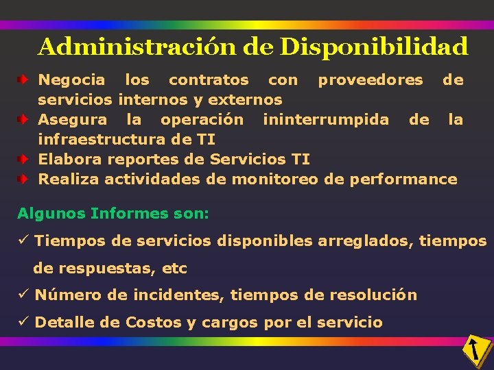 Administración de Disponibilidad Negocia los contratos con proveedores de servicios internos y externos Asegura