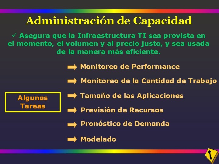 Administración de Capacidad ü Asegura que la Infraestructura TI sea provista en el momento,
