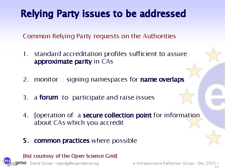 Relying Party issues to be addressed Common Relying Party requests on the Authorities 1.