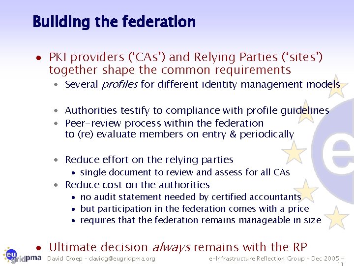 Building the federation · PKI providers (‘CAs’) and Relying Parties (‘sites’) together shape the