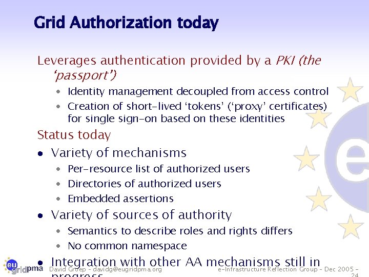 Grid Authorization today Leverages authentication provided by a PKI (the ‘passport’) · Identity management