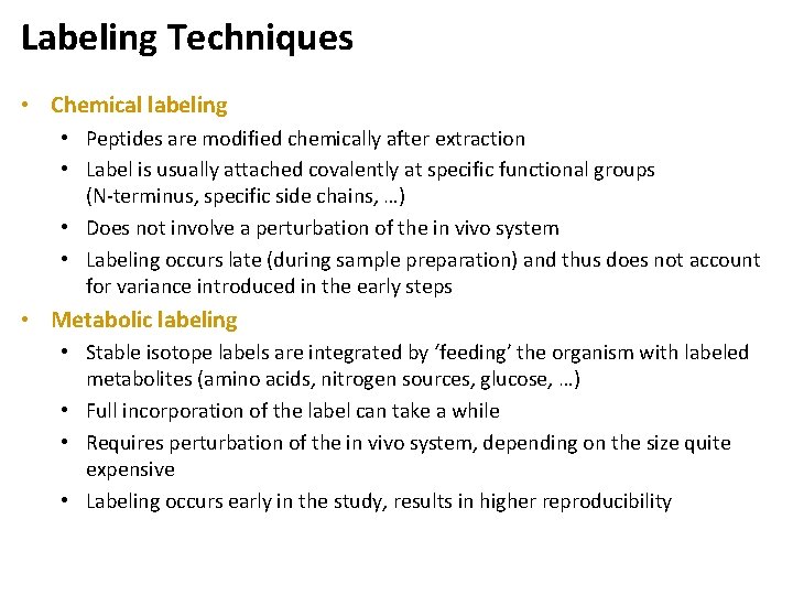 Labeling Techniques • Chemical labeling • Peptides are modified chemically after extraction • Label