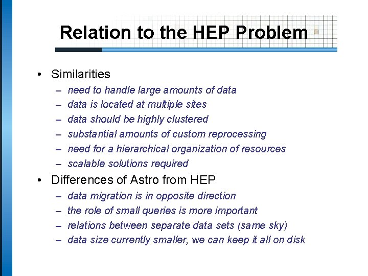 Relation to the HEP Problem • Similarities – – – need to handle large