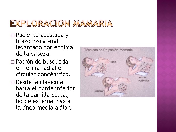 � Paciente acostada y brazo ipsilateral levantado por encima de la cabeza. � Patrón