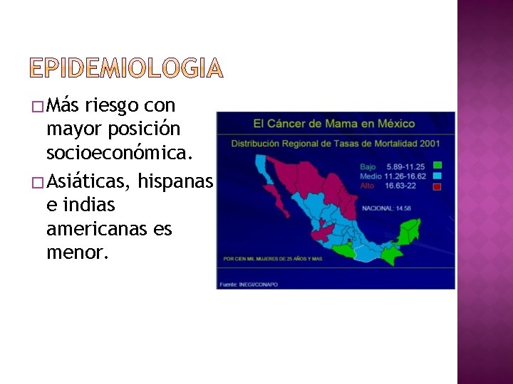 � Más riesgo con mayor posición socioeconómica. � Asiáticas, hispanas e indias americanas es