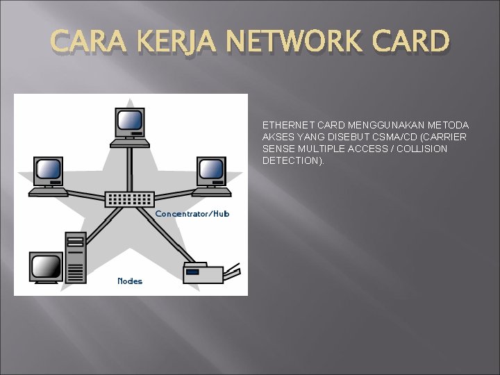 CARA KERJA NETWORK CARD ETHERNET CARD MENGGUNAKAN METODA AKSES YANG DISEBUT CSMA/CD (CARRIER SENSE
