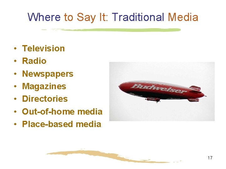 Where to Say It: Traditional Media • • Television Radio Newspapers Magazines Directories Out-of-home