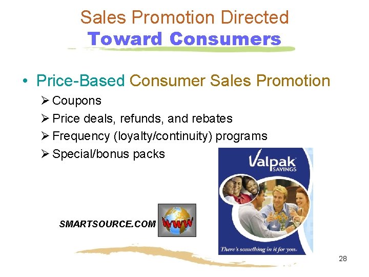 Sales Promotion Directed Toward Consumers • Price-Based Consumer Sales Promotion Ø Coupons Ø Price