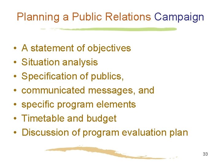 Planning a Public Relations Campaign • • A statement of objectives Situation analysis Specification