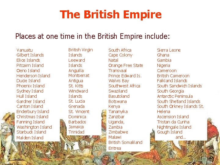 The British Empire Places at one time in the British Empire include: Vanuatu Gilbert