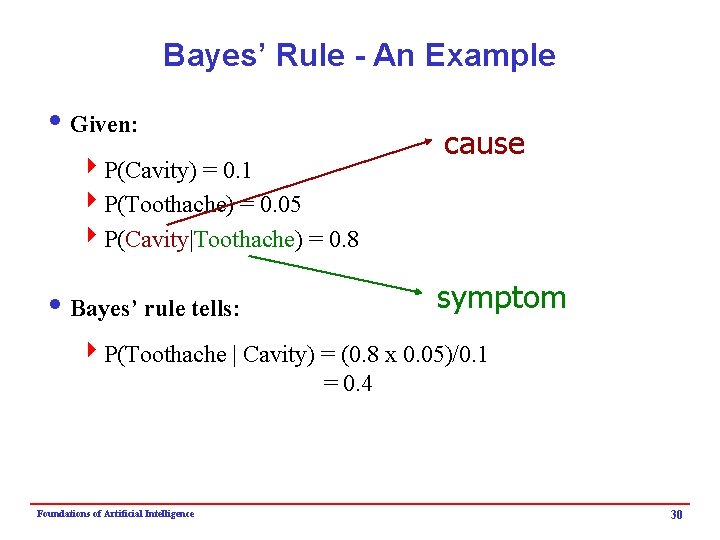 Bayes’ Rule - An Example i Given: 4 P(Cavity) = 0. 1 4 P(Toothache)