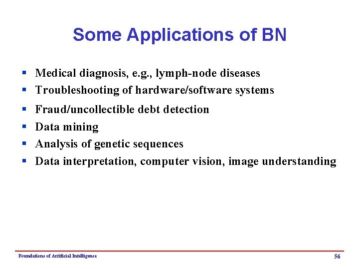 Some Applications of BN § Medical diagnosis, e. g. , lymph-node diseases § Troubleshooting