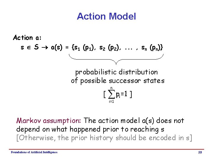 Action Model Action a: s S a(s) = {s 1 (p 1), s 2