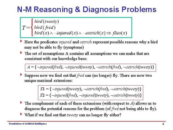 N-M Reasoning & Diagnosis Problems T= 4 Here the predicates injured and ostrich represent