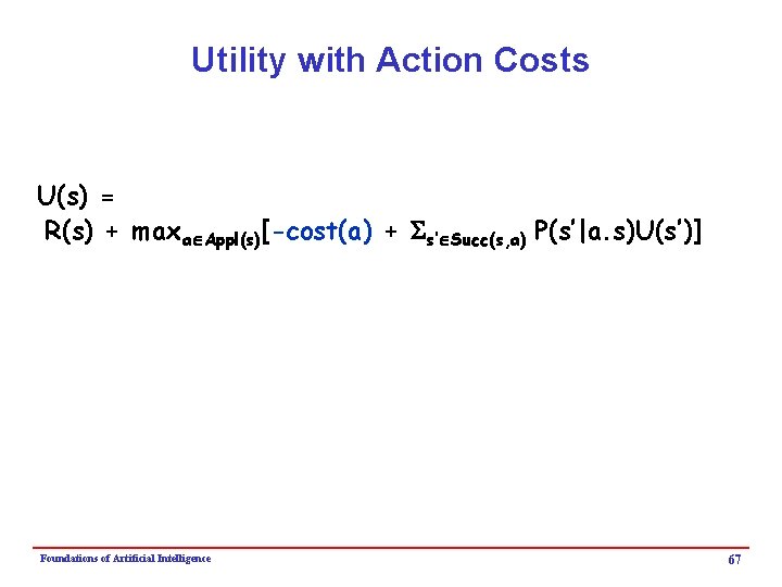 Utility with Action Costs U(s) = R(s) + maxa Appl(s)[-cost(a) + Ss’ Succ(s, a)