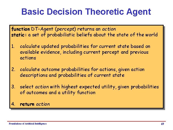 Basic Decision Theoretic Agent function DT-Agent (percept) returns an action static: a set of