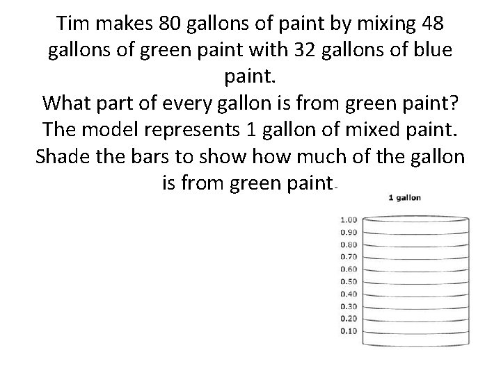 Tim makes 80 gallons of paint by mixing 48 gallons of green paint with