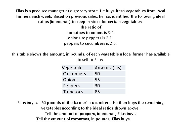 Elias is a produce manager at a grocery store. He buys fresh vegetables from