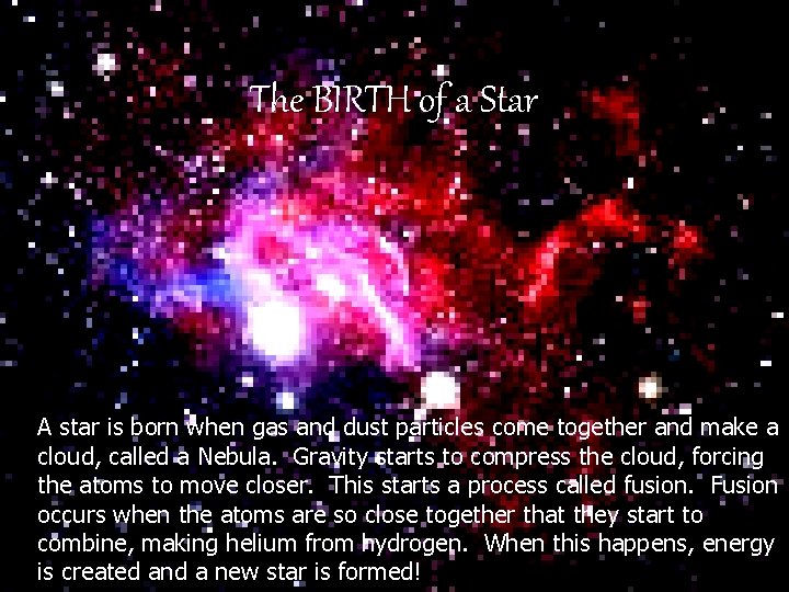 The BIRTH of a Star A star is born when gas and dust particles