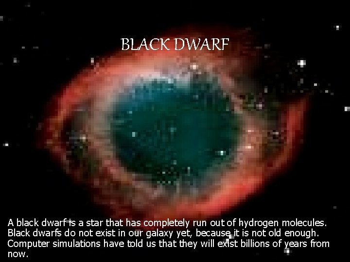 BLACK DWARF A black dwarf is a star that has completely run out of