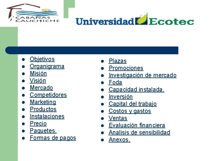 l l l Objetivos Organigrama Misión Visión Mercado Competidores Marketing Productos Instalaciones Precio Paquetes.