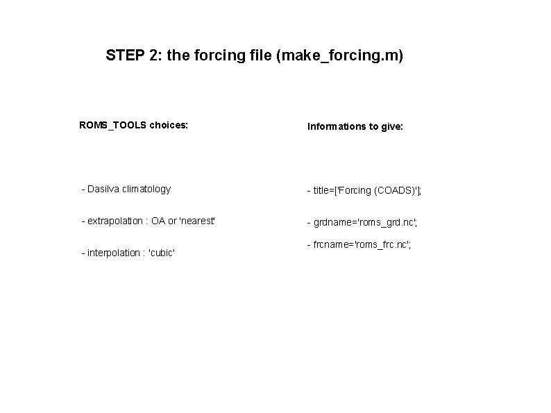 STEP 2: the forcing file (make_forcing. m) ROMS_TOOLS choices: Informations to give: - Dasilva