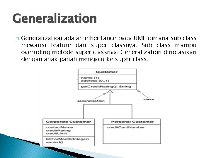Generalization � Generalization adalah inheritance pada UML dimana sub class mewarisi feature dari super Generalization � Generalization adalah inheritance pada UML dimana sub class mewarisi feature dari super