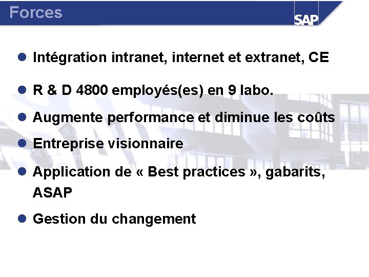 Forces l Intégration intranet, internet et extranet, CE l R & D 4800 employés(es)