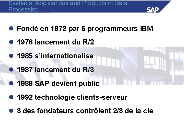 Systems, Applications and Products in Data Processing l Fondé en 1972 par 5 programmeurs