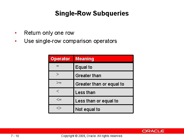 Single-Row Subqueries • • Return only one row Use single-row comparison operators Operator = Single-Row Subqueries • • Return only one row Use single-row comparison operators Operator =