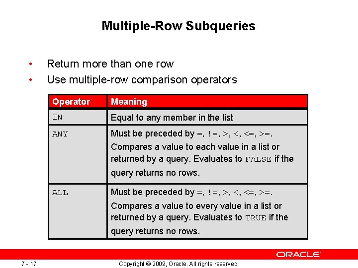 Multiple-Row Subqueries • • Return more than one row Use multiple-row comparison operators Operator Multiple-Row Subqueries • • Return more than one row Use multiple-row comparison operators Operator