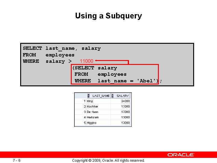 Using a Subquery SELECT last_name, salary FROM employees 11000 WHERE salary > (SELECT salary Using a Subquery SELECT last_name, salary FROM employees 11000 WHERE salary > (SELECT salary