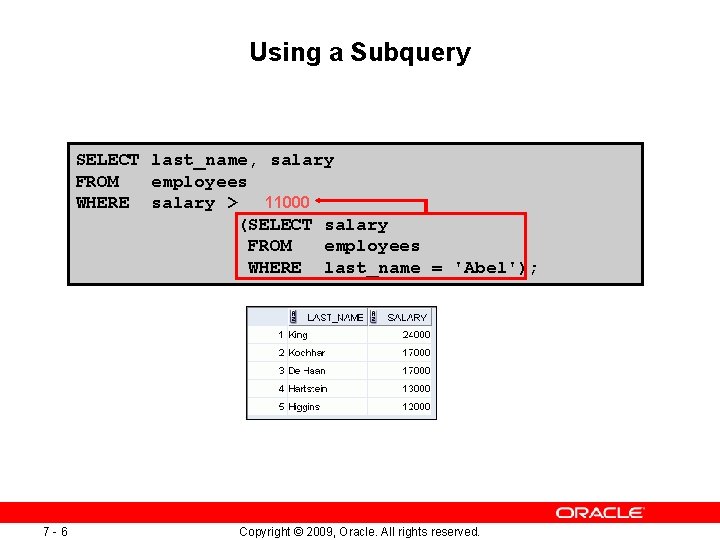 Using a Subquery SELECT last_name, salary FROM employees 11000 WHERE salary > (SELECT salary