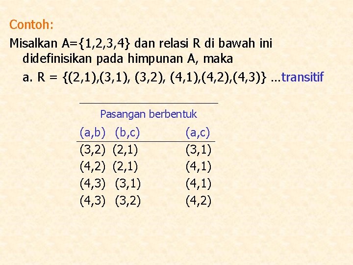 Contoh: Misalkan A={1, 2, 3, 4} dan relasi R di bawah ini didefinisikan pada