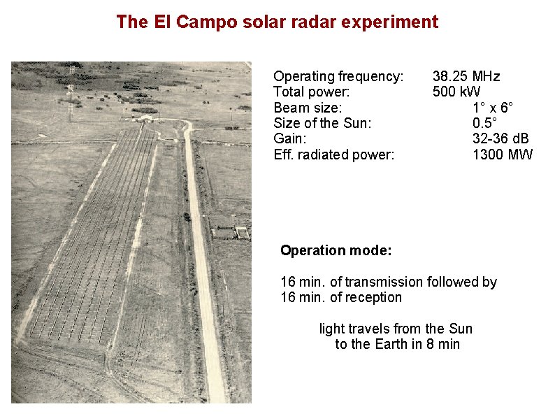 The El Campo solar radar experiment Operating frequency: Total power: Beam size: Size of