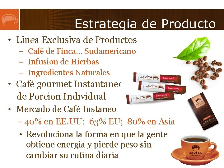 Estrategia de Producto • Linea Exclusiva de Productos – Café de Finca… Sudamericano –