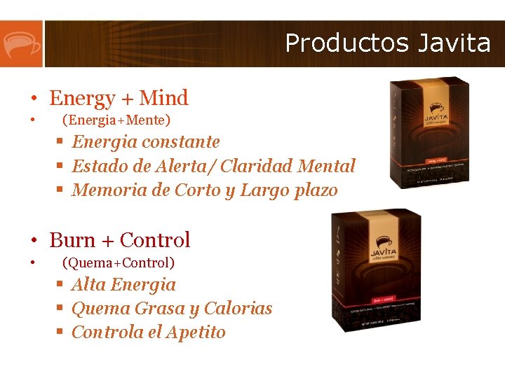 Productos Javita • Energy + Mind • (Energia+Mente) § Energia constante § Estado de