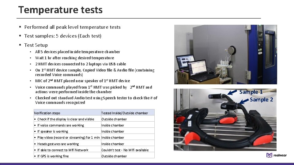 Temperature tests § Performed all peak level temperature tests § Test samples: 5 devices