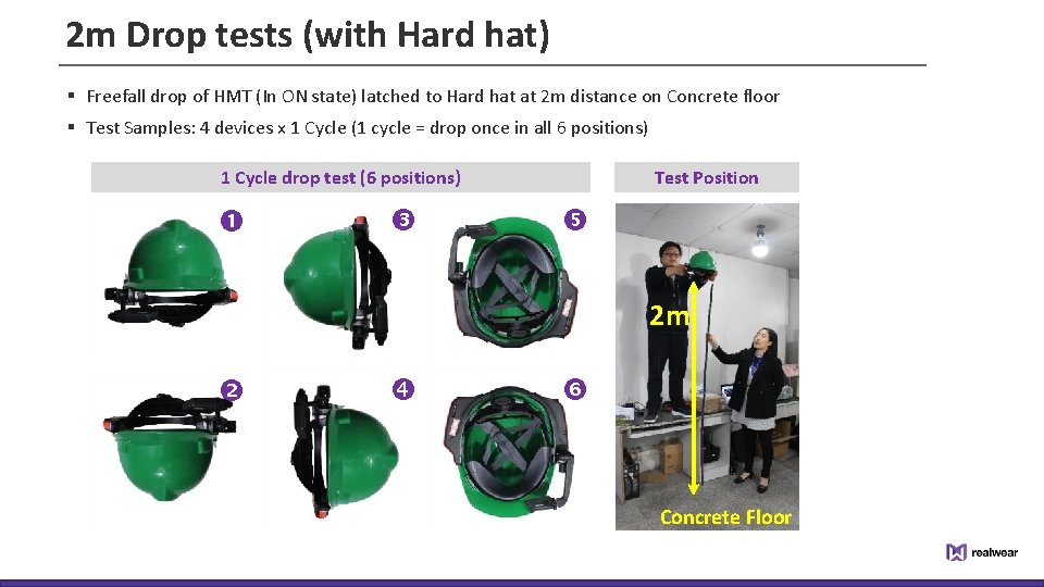 2 m Drop tests (with Hard hat) § Freefall drop of HMT (In ON