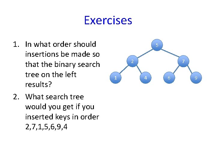 Exercises 1. In what order should insertions be made so that the binary search