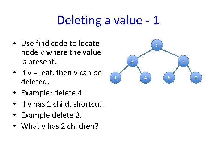 Deleting a value - 1 • Use find code to locate node v where