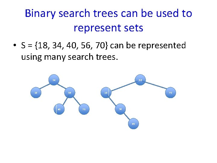 Binary search trees can be used to represent sets • S = {18, 34,