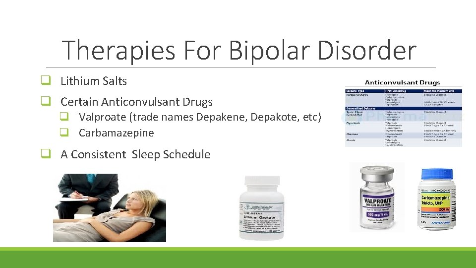 Therapies For Bipolar Disorder q Lithium Salts q Certain Anticonvulsant Drugs q Valproate (trade