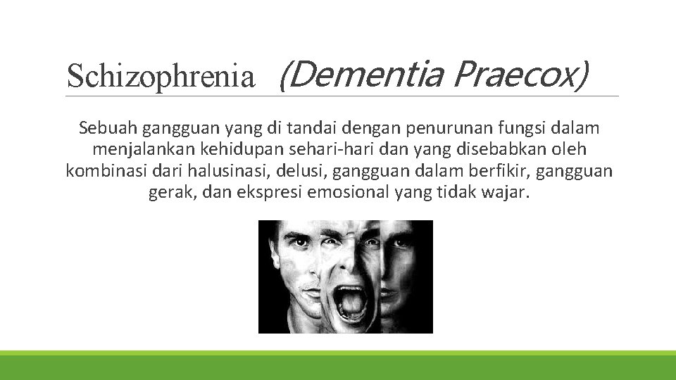 Schizophrenia (Dementia Praecox) Sebuah gangguan yang di tandai dengan penurunan fungsi dalam menjalankan kehidupan