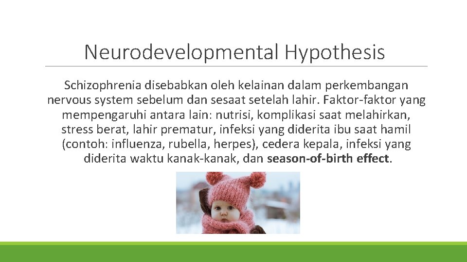 Neurodevelopmental Hypothesis Schizophrenia disebabkan oleh kelainan dalam perkembangan nervous system sebelum dan sesaat setelah