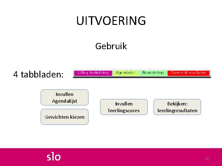UITVOERING Gebruik 4 tabbladen: Invullen Agendalijst Gewichten kiezen Invullen leerlingscores Bekijken: leerlingresultaten 13 