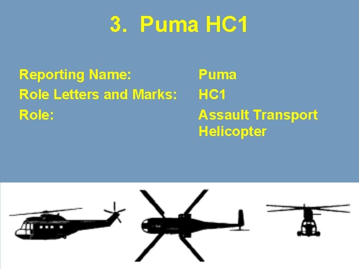 3. Puma HC 1 Reporting Name: Role Letters and Marks: Role: Puma HC 1