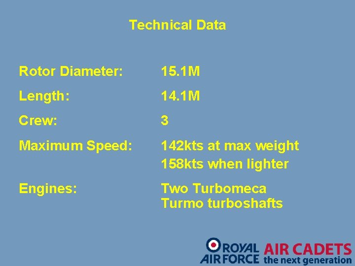 Technical Data Rotor Diameter: 15. 1 M Length: 14. 1 M Crew: 3 Maximum