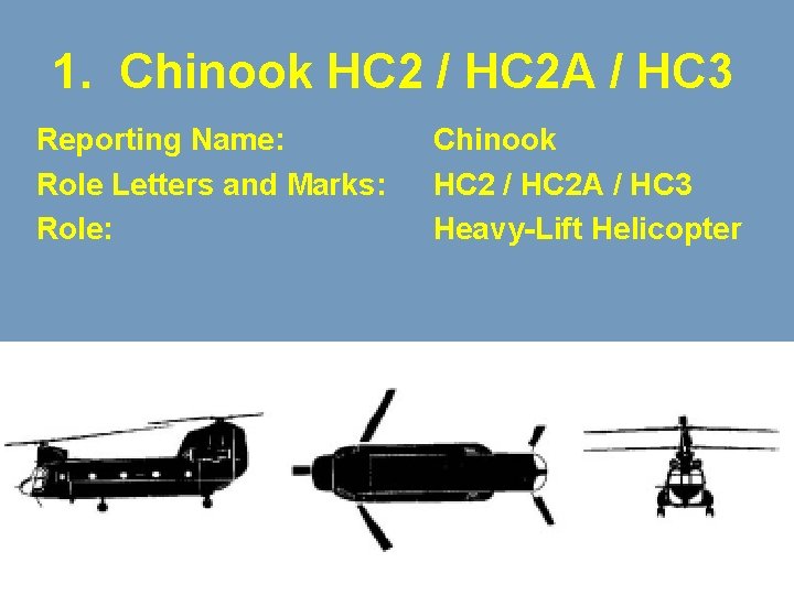 1. Chinook HC 2 / HC 2 A / HC 3 Reporting Name: Role